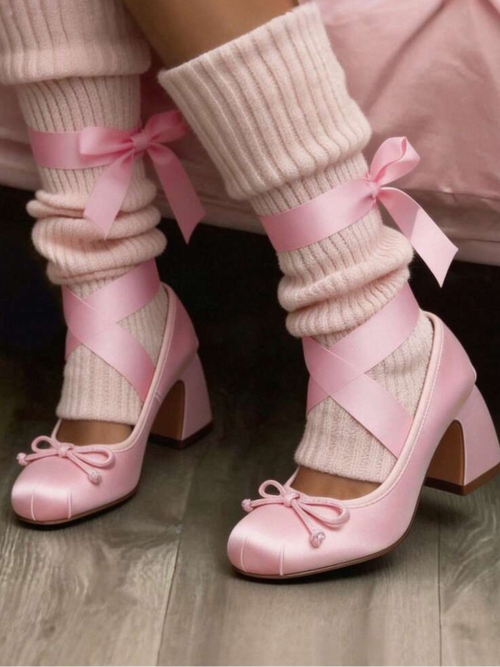 Ballet High Heel Pumps For Women Mary Janes Lace Up Chunky Heels With Bow Satin - Picture 3 of 4